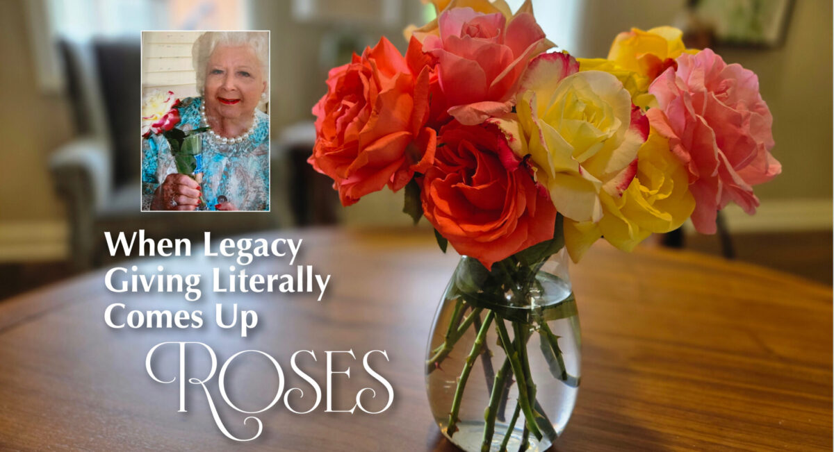 Vase of roses on a table with inset photo of lady holding a vase with a rose